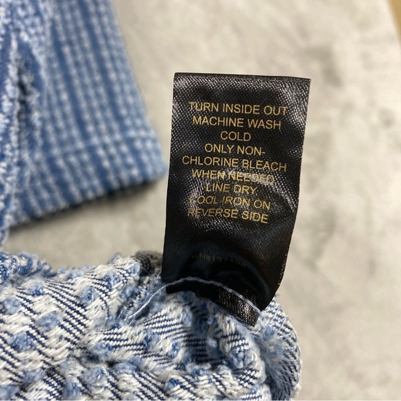 House of Harlow Cropped Nubbly Short Sleeve Jacket Accent Pearl Button Sz M Blue - Picture 7 of 7